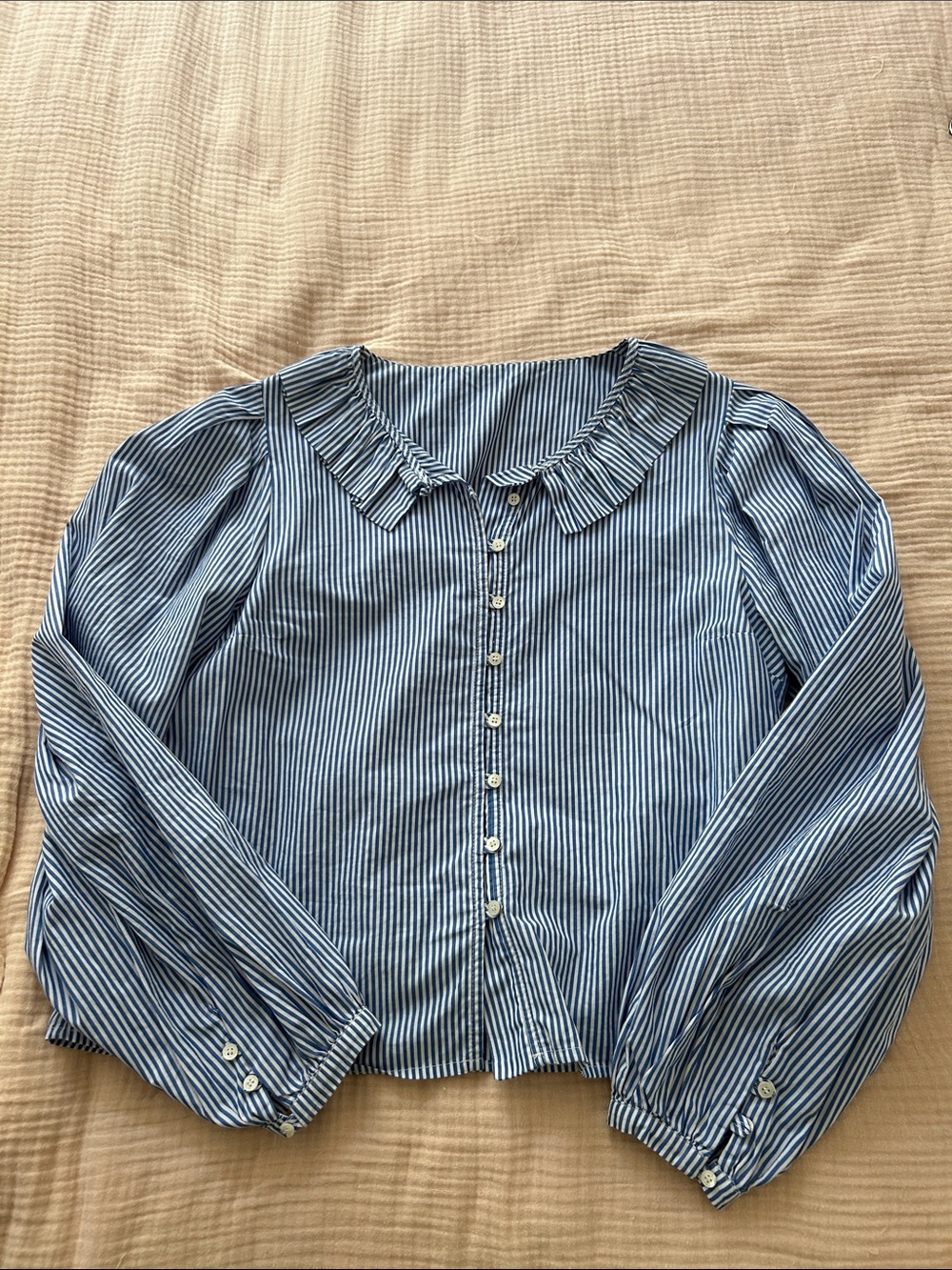 Striped Blue Cotton Button-Down Blouse with Ruffle Collar